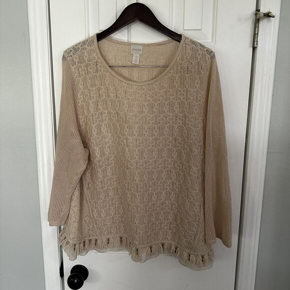 CHICOS Shirt Ivory tassel Fringe Beaded Layered look Woven Tunic Top 4 XXL 1x - Picture 1 of 10